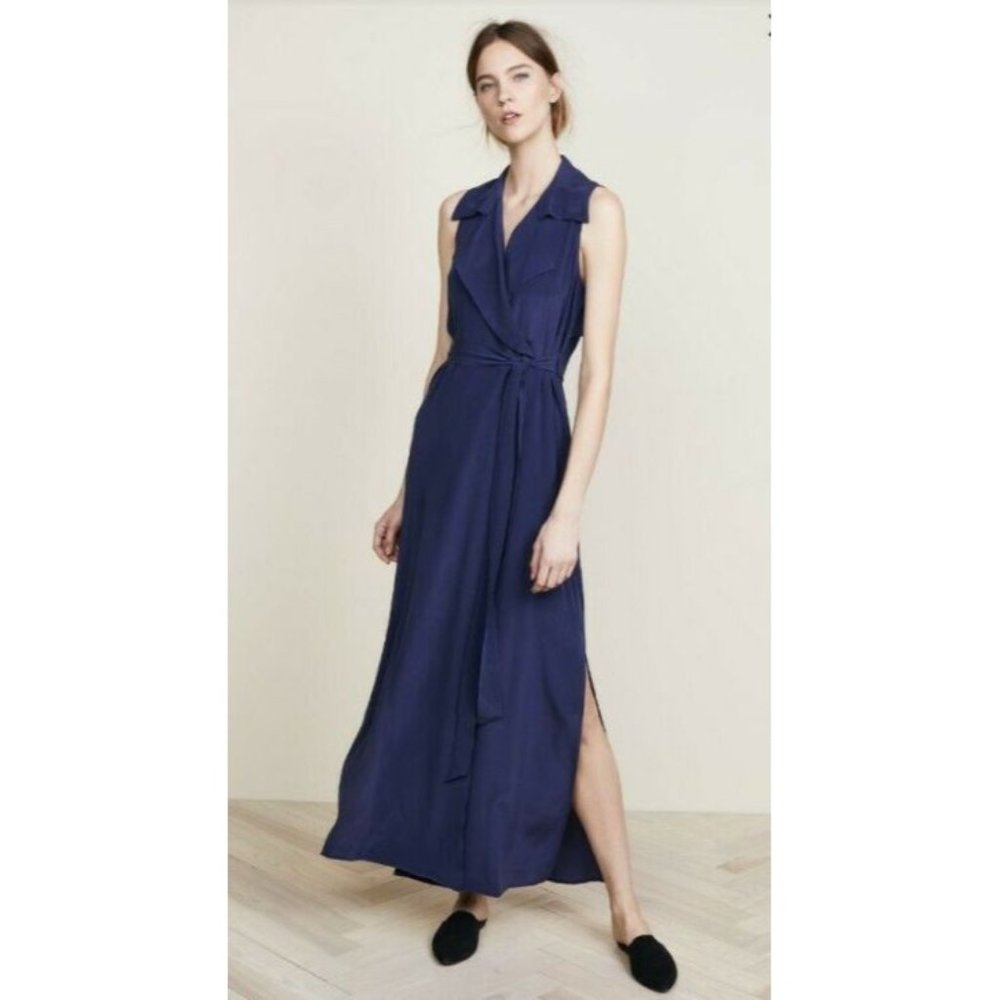 L'AGENCE Silk Wrap Navy Maxi Dress Jacket Belted Women XS/TP